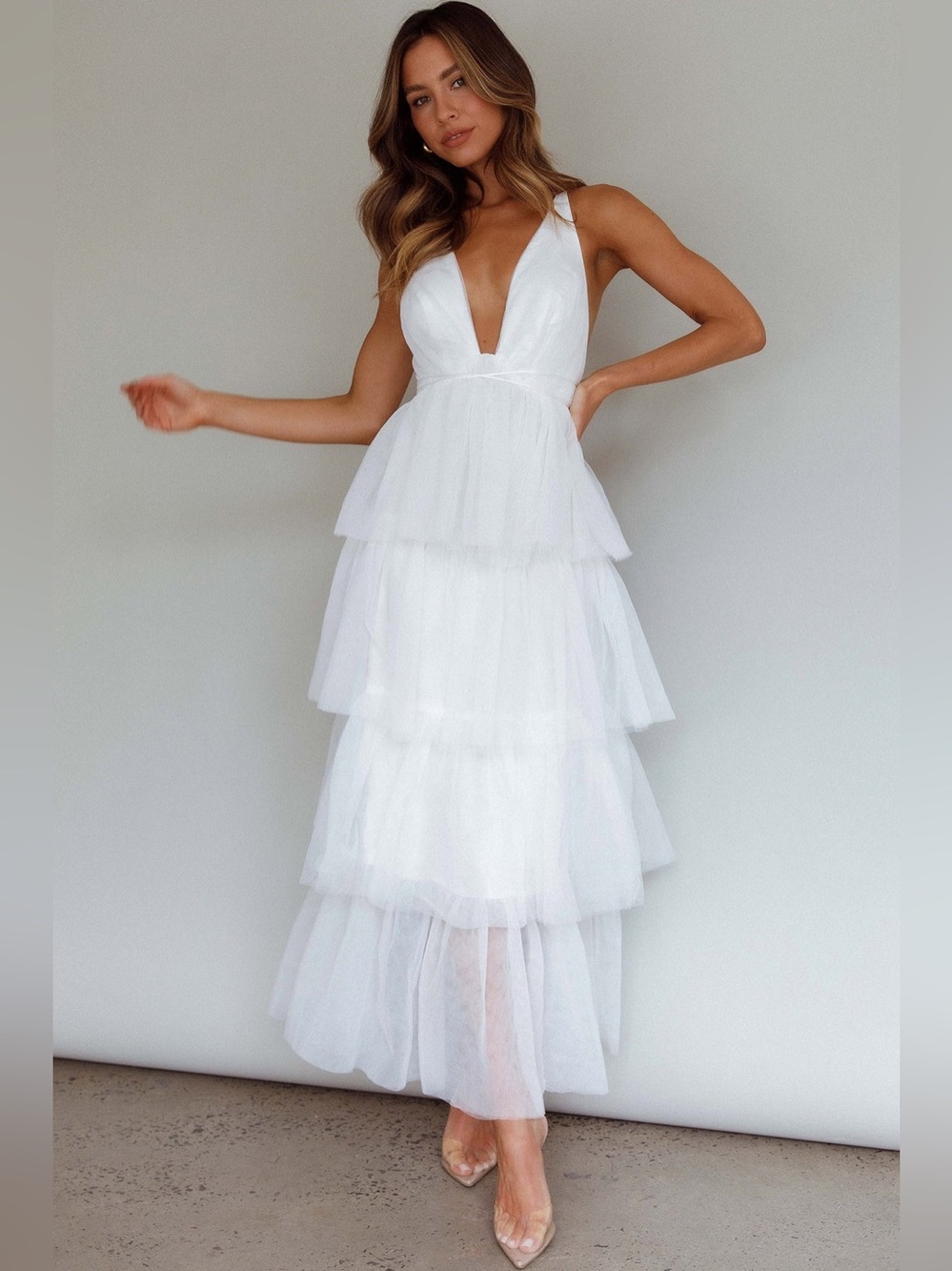 Selfie Leslie White Auguste Tiered Frill Midi Dress Bridal Shower Engagement S